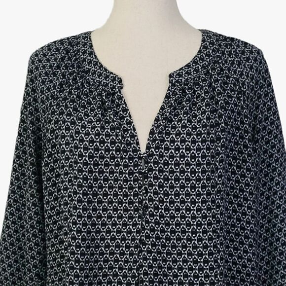 Dalia Collection Navy Blue Patterned Split Neck 3/4 Sleeve Chiffon Blouse Size M - Picture 5 of 10